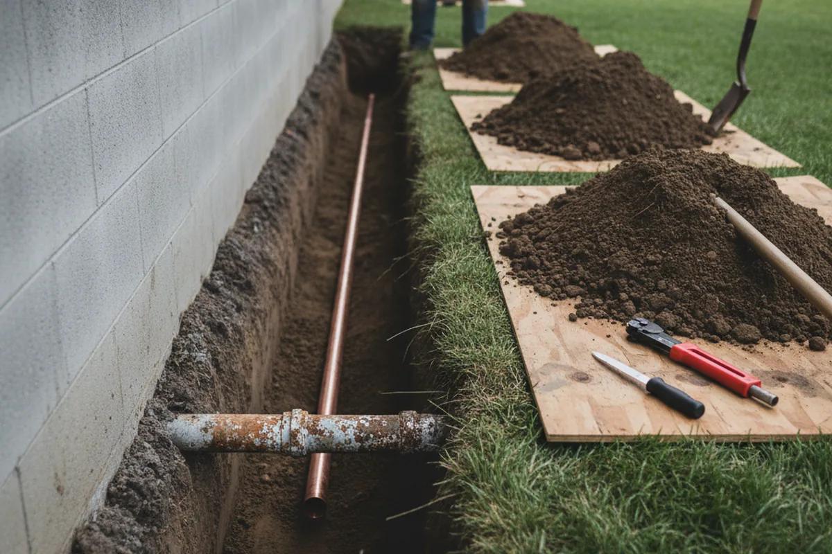 Excavated water line trench during Sewer Line Repair in Phillipsburg